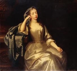 Portrait of Mrs. Tyrell, Three-Quarter-Length, in a White Satin Dress and Blue Shawl, Her Right Arm Resting on a Plinth, a Landscape Beyond