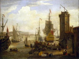 Scene of activities on the docks in a British port, English and Dutch ships loading goods from warehouses and shops, onto the docks, and the entry of various ships into the port