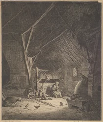 Interior of a Barn with Mother and Two Children, Right in Front a Pig, 17th century