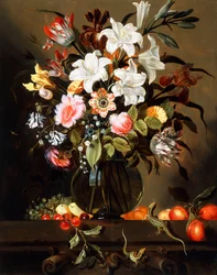 A Bouquet of Flowers with Fruit and two Sand Lizards on a Stone Ledge