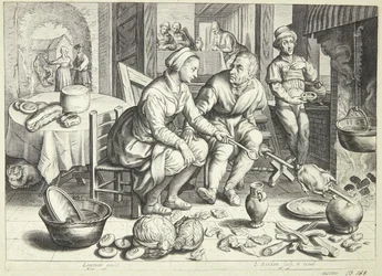 Kitchen Scene with a Man and a Woman Roasting a Chicken