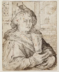 Portrait of a man with a cap and fur-trimmed cloak, facing right. Top right through a window opening view to other rooms