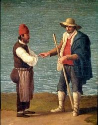 A Shepherd and a Merchant in the Port of Monopoli, Puglia, Italy (shepherd and merchant in Monopoli). Jacob Philipp Hackert, called Hackert d