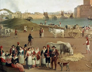 View over Taranto harbour, detail of commercial activities, workers and people in traditional dress