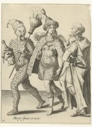 Three Masked Figures, One of Them with a Broom with Candles