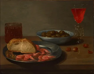 A Plate with Prawns and a Roll, a Bowl with Olives, a Façon de Venise, a Glass of Beer and Almonds on a Table