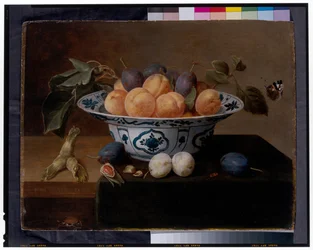 Still Life of Apricots and Plums in a Wan Li Dish, with Beetles and a Butterfly on a Ledge