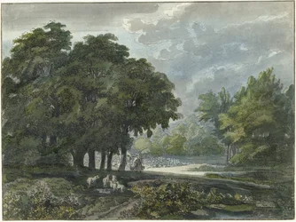Shepherds with Flock in a Wooded Landscape