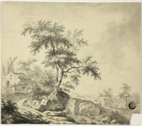 Landscape with Tree on Road to Buildings