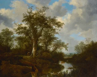 Wooded landscape with cattle crossing a stream