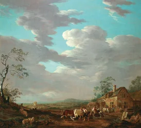 Landscape with figures and cattle near an inn