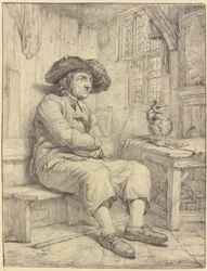 Man Sitting at a Table with a Jug and Pipe