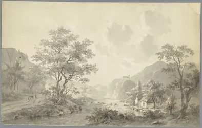 Small Waterfall by a Lake in a Mountain Landscape