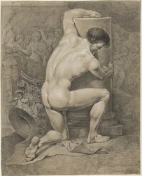 Kneeling Male Nude, Arms Around a Column