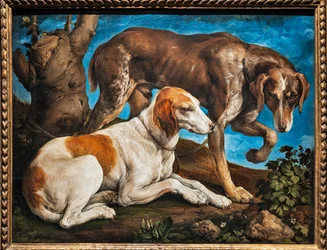 Portrait of two dogs tied to a log