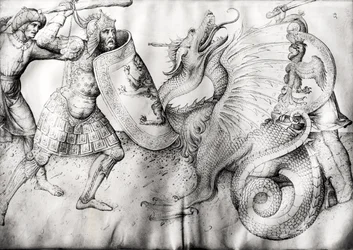 Battle between warriors and a dragon, c.1450