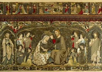 The Coronation of the Virgin between eight Angels and fourteen Saints (ecclesiastical embroidery), active circa 1336