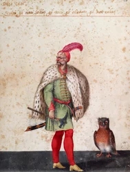 Turkish soldier with owl, drawing by Jacopo Ligozzi