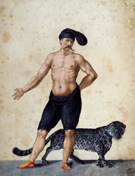 Young African man standing at front, half-dressed wearing long berretta on his head, with tiger behind him, drawing by Jacopo Ligozzi