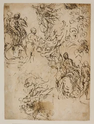 Sketches for Christ Hovering in the Air, Horsemen, a Seated Couple and a Flower Ornament
