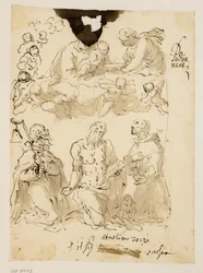 Sts Antony, Jerome and Bernardino Kneeling, with the Virgin and the Infant Christ Surrounded by Child Angels Beyond