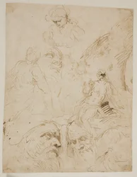 Studies for Male Heads and a Seated Nude Woman