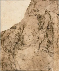 Two Sketches of Male Nudes, One Kneeling, One Standing; Three Sketches: Seated Male Nude, Reclining Male Nude, Male Head in Profile