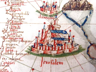 Jerusalem and Damascus (detail) from a Renaissance map of Europe, 1528