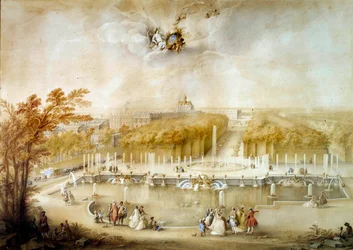 Perspective view of the gardens and parterres du Nord and the castle of Versailles taken from the Basin of Neptune