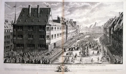 18th century illustration of Louis XV, King of France, Reigned 1715-1774 processing through Rue de Strasbourg, Paris