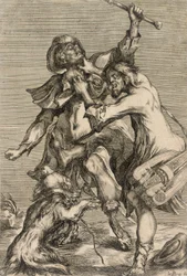Hurdy-gurdy player attacking a pilgrim