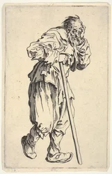 Bearded man, dressed in rags, holding his head with one hand and a walking stick with the other, from "The Beggars" (Les Gueux)