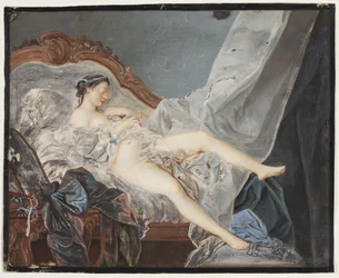 A Naked Girl, Lying on Her Back on a Couch Between Large Draperies