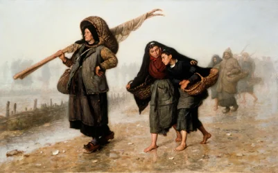 The Shell Gatherers. Peasants, Barefoot or Wearing Clogs, Returning with Their Baskets Filled with Shells and Protecting Themselves from the Rain. Painting by Jacques Eugene Feyen. Private Collection.