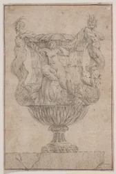 Decorative Vase with Pan, Faun, and Nymph. Copy after Pl. 14 in the Suite of Vases Drawn by Saly in 1746. "Vasa a se inventa..."