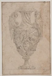 Decorative Vase with Two Owls and a Head. Copy after Plate 15 in the Suite of Vases Drawn by Saly in 1746, "Vasa a se inventa..."