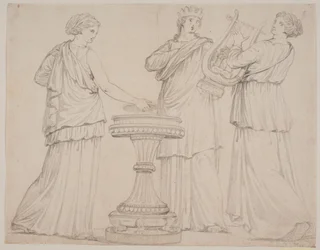 Three Women in Greek Garments at an Altar. Woman on the left with a tablet (?), in the middle with a crown, on the right with a lyre (Terpsichore?)