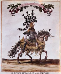 Manuscript of the Carousel 1662. The Duke of Guise in the American King, Participating in the Carrousel of 1662 (Feast Held in Paris under the Reign of Louis XIV). Illustration by Jacques I Bailly (1629 - 1679)