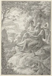 Design for a Book Illustration with an Old Storyteller, a Young Family, and Various Animals
