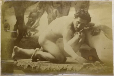 Study of a Male Nude Model, Lying on the Ground and Wrestling with Mannequin, in the Studio of Jacques de Lalaing, Possibly Preliminary Study for the Painting The Wrestlers