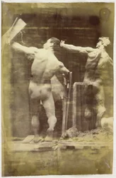 Study of a Male Nude Model, Seen from the Back with Hand on a Structure, Next to a Plaster Model in the Same Pose, in the Studio of Jacques de Lalaing