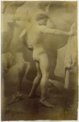 Study of a Male Nude Model, Standing Against the Background of a Monumental Mural of Horses, in the Studio of Jacques de Lalaing