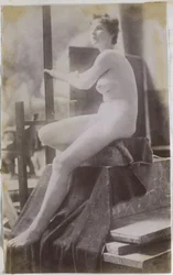 Study of a Female Nude Model, Sitting on a Podium and Seen from the Side, in the Studio of Jacques de Lalaing, Preliminary Study for the Fernand Scribe Tomb Monument in the Cemetery of Ghent
