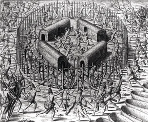 Johannes Staden Helps to Defend the Indians Who Captured Him Against the Tuppin Tkins, engraved by Theodore de Bry (1528-98), from 