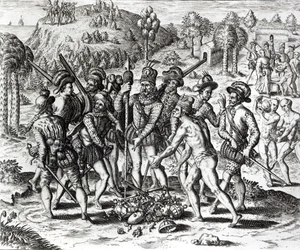 Spaniards receiving gifts from Indians, from 