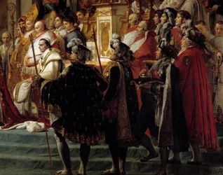 The Coronation of Napoleon. Detail depicting the foreground with Pope Pius VII during the consecration of Emperor Napoleon I Bonaparte and the coronation of Empress Joséphine at Notre-Dame de Paris on December 2