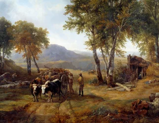 The loggers in the forest (detail). Painting by Raymond Brascassat (1804-1867)
