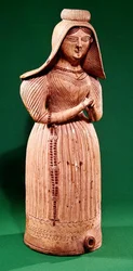 Bottle in the form of a woman with a headdress, Borne Workshop
