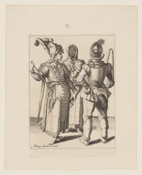 A Grandee in Eastern Dress, a Man with a Cock attached to his Belt and a Veiled Woman Playing the Rumbling-Pot, from The Masquerades