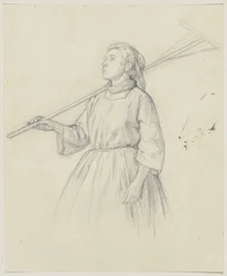 Peasant Girl Looking Upward with a Rake over Her Shoulder